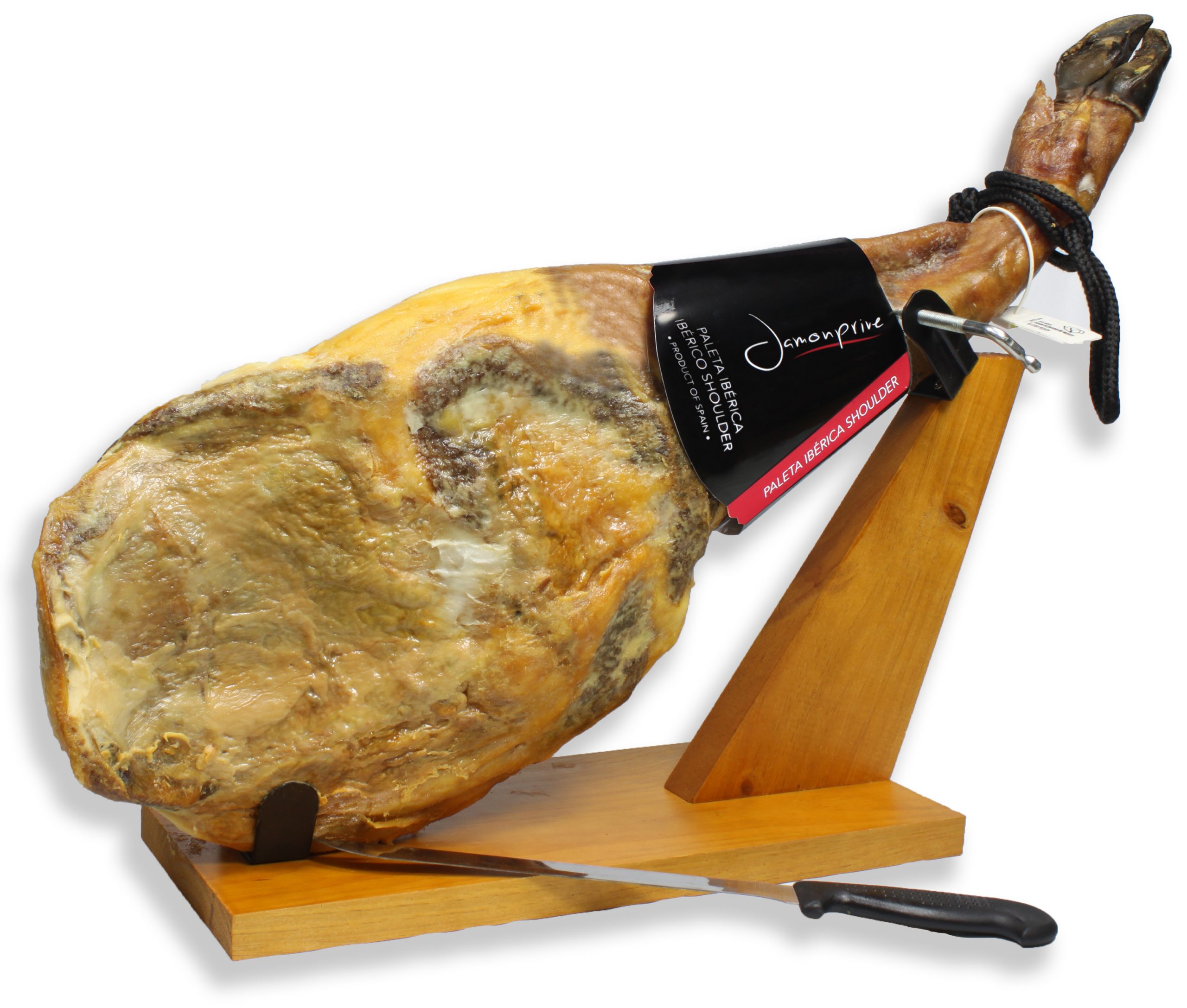 Iberico Ham (shoulder) Grass-fed Bone in from Spain 10-12 lb + Ham Stand +  Knife, Jamon Iberico Pata Negra All Natural with Mediterranean Sea Salt &  NO Nitrates or Nitrites
